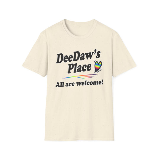 DeeDaw's Place T‑Shirt — Rainbow Heart ‘All Are Welcome’ Pride Tee