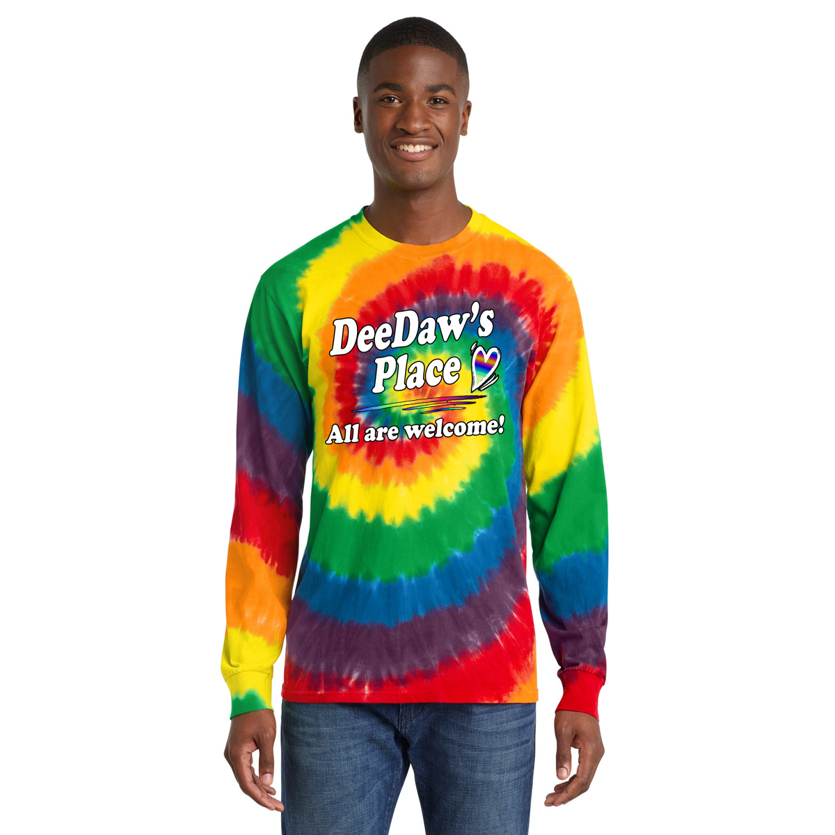 DeeDaw’s Place Tie-Dye Long Sleeve Tee — “All Are Welcome” with Rainbow Heart