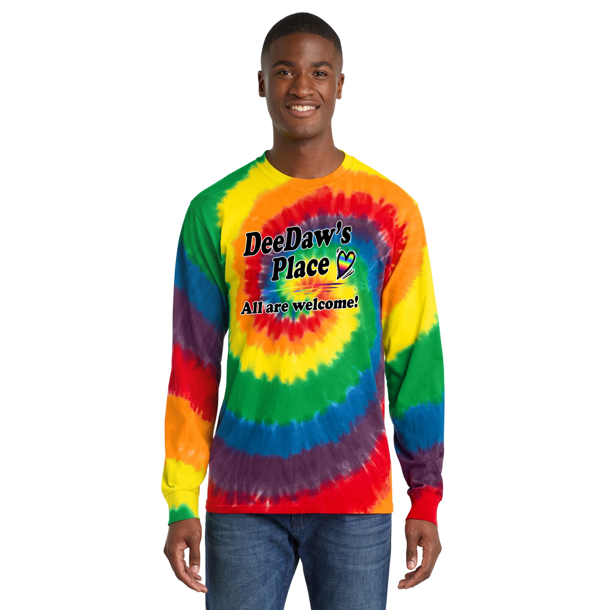 DeeDaw’s Place Rainbow Heart Long Sleeve Tee — “All Are Welcome!”