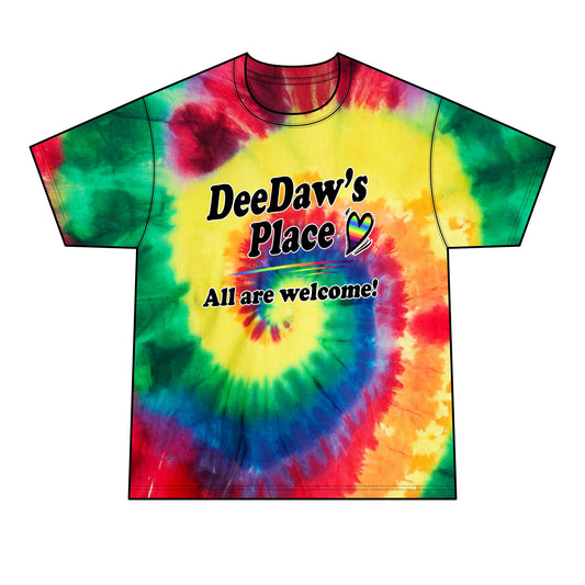 Tie-Dye Tee — DeeDaw's Place "All Are Welcome" Rainbow Spiral Shirt