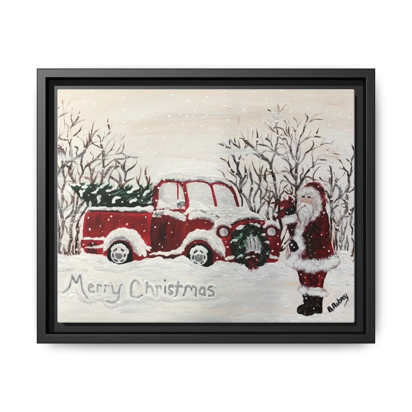 2020 Santa with Vintage Red Truck Framed Canvas