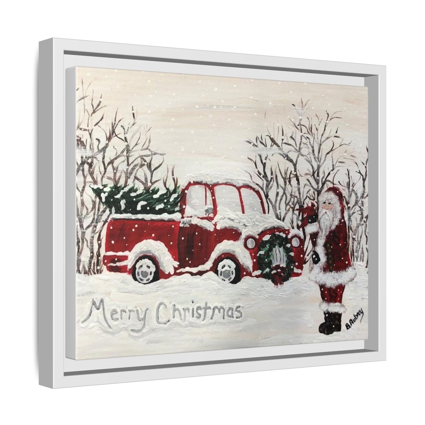 2020 Santa with Vintage Red Truck Framed Canvas