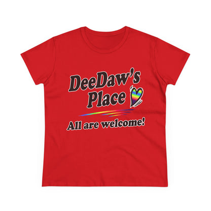 DeeDaw’s Place Rainbow Heart T-Shirt — “All Are Welcome” Inclusive Women’s Tee