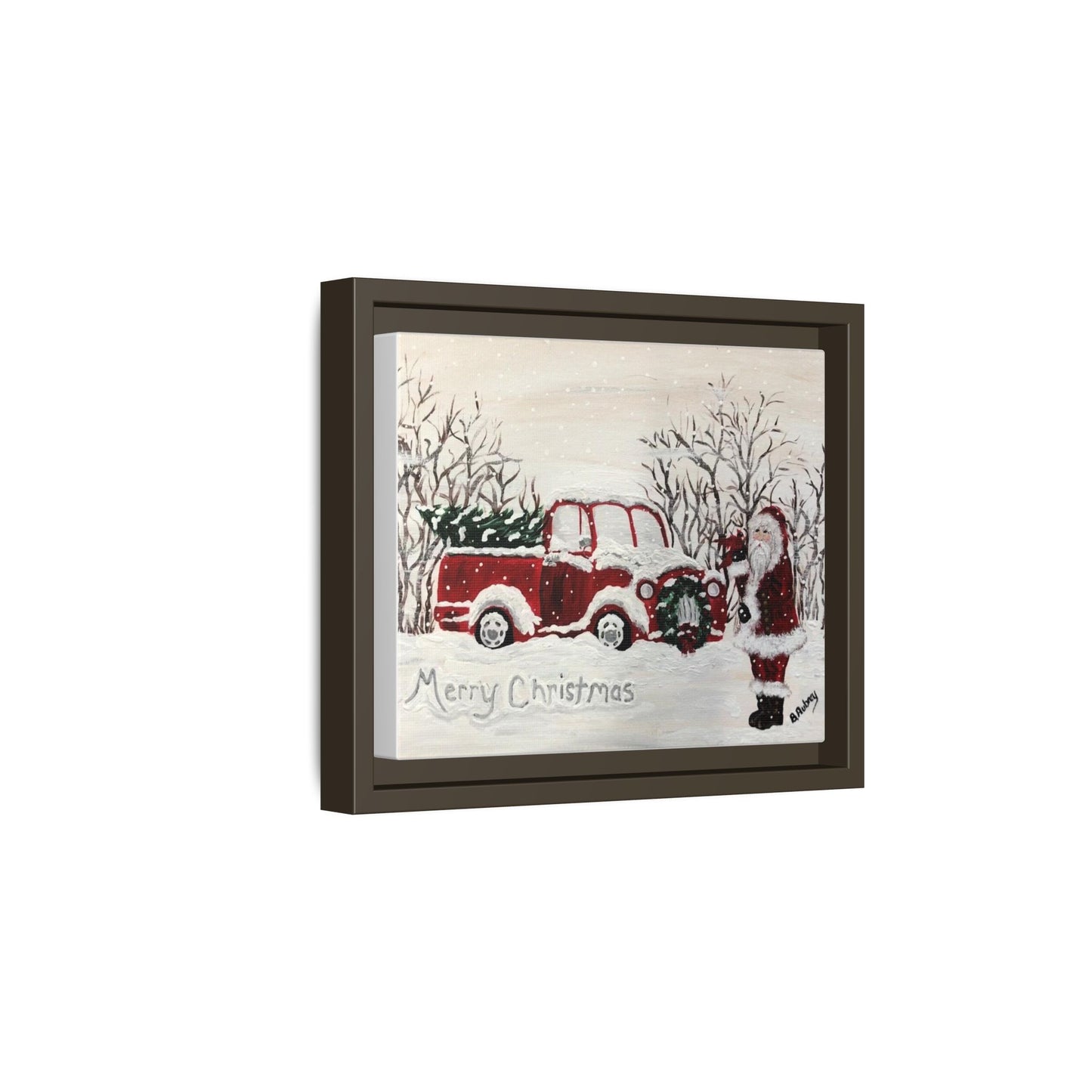 2020 Santa with Vintage Red Truck Framed Canvas