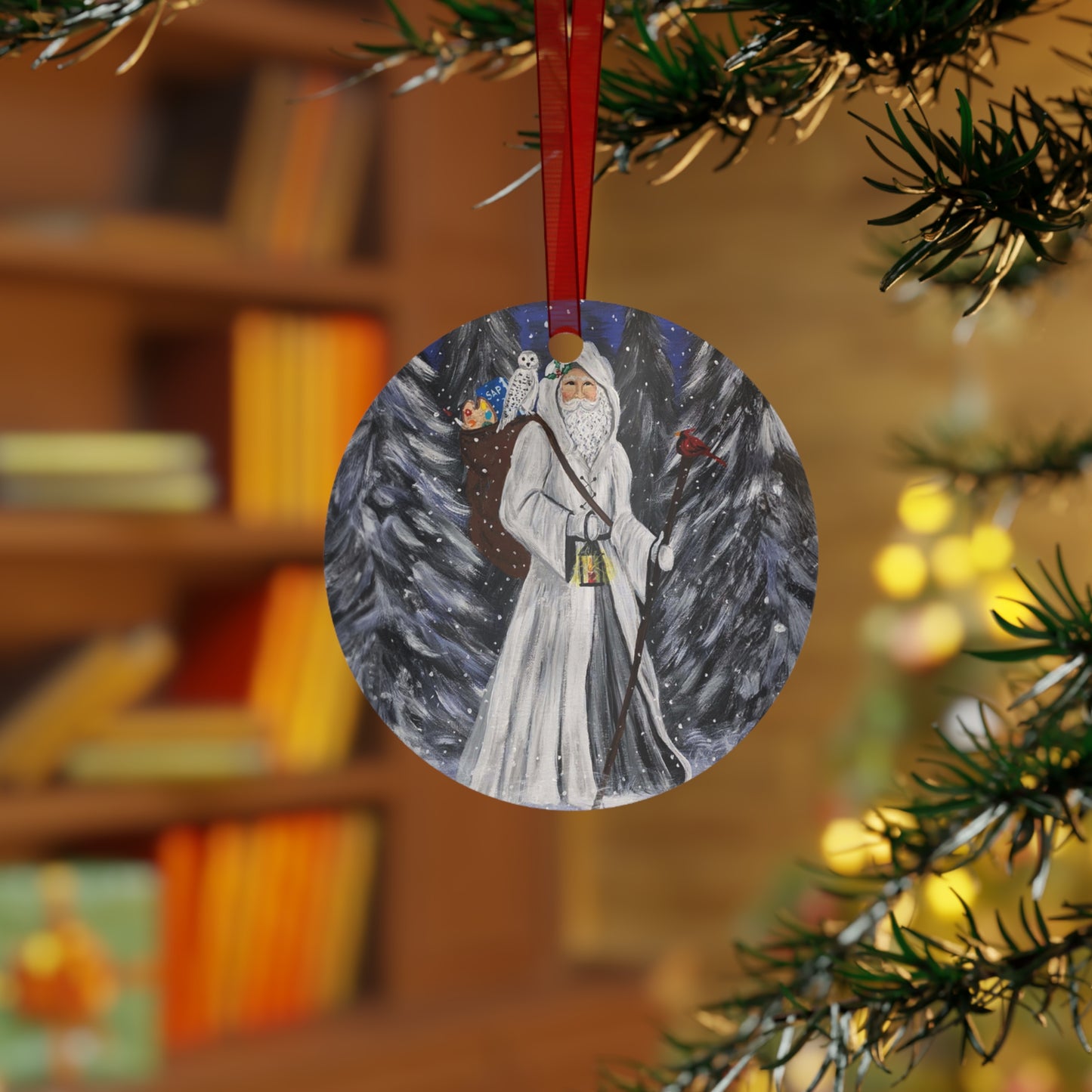 WHITE SANTA WITH CARDINAL (Christmas Ornament)