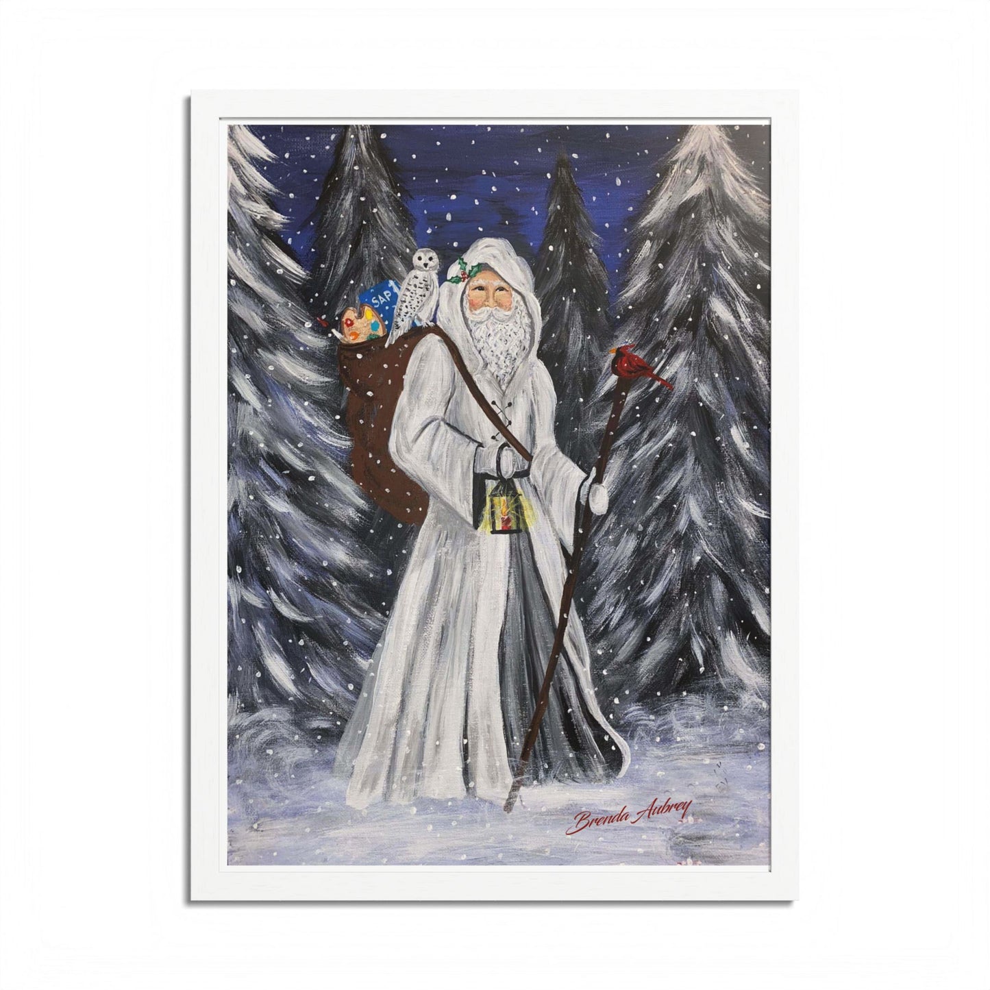 2021 WHITE SANTA WITH CARDINAL (Framed Print)