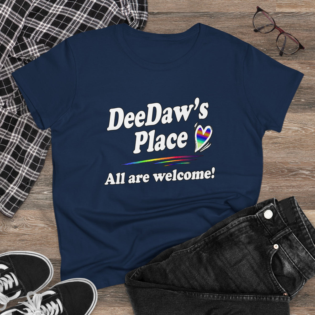 DeeDaw’s Place Rainbow Heart T-Shirt — “All Are Welcome” Inclusive Women’s Tee