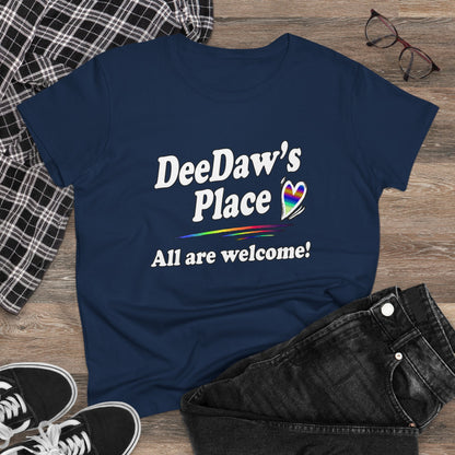 DeeDaw’s Place Rainbow Heart T-Shirt — “All Are Welcome” Inclusive Women’s Tee