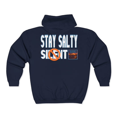 Mamaw's Porch N' Politics pocket logo on front/Stay Salty NOT Silent on back Cozy Unisex Zip-Up Hoodie