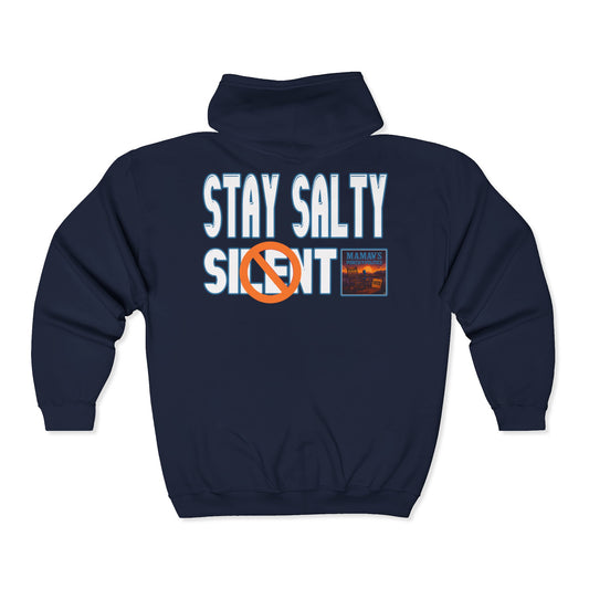 Mamaw's Porch N' Politics pocket logo on front/Stay Salty NOT Silent on back Cozy Unisex Zip-Up Hoodie