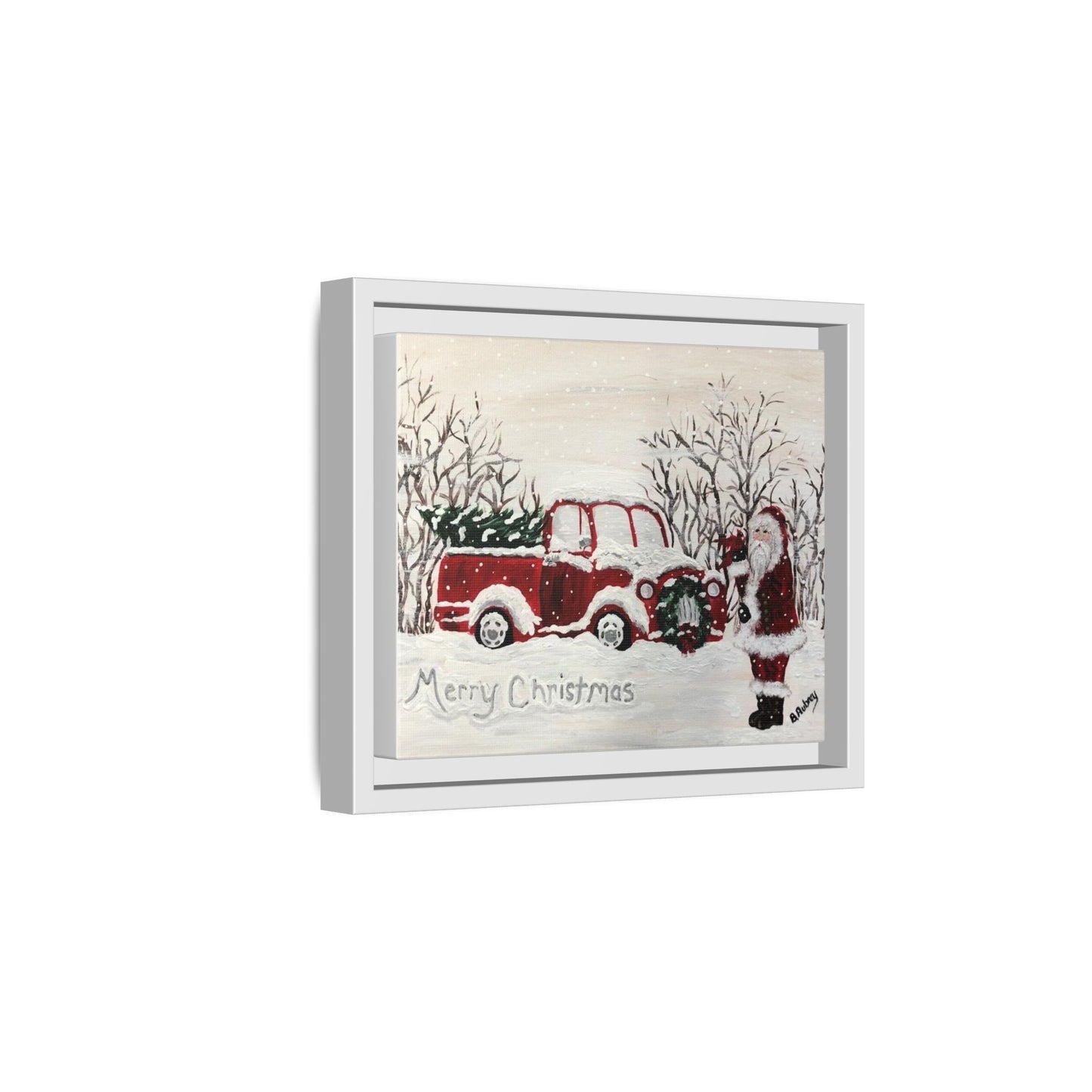 2020 Santa with Vintage Red Truck Framed Canvas