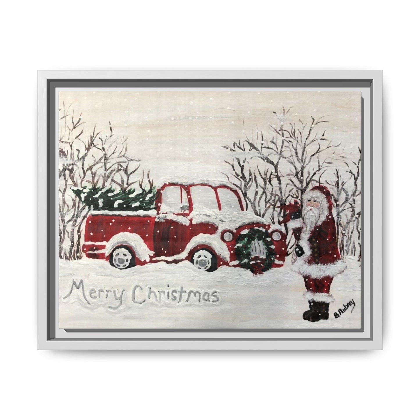 2020 Santa with Vintage Red Truck Framed Canvas