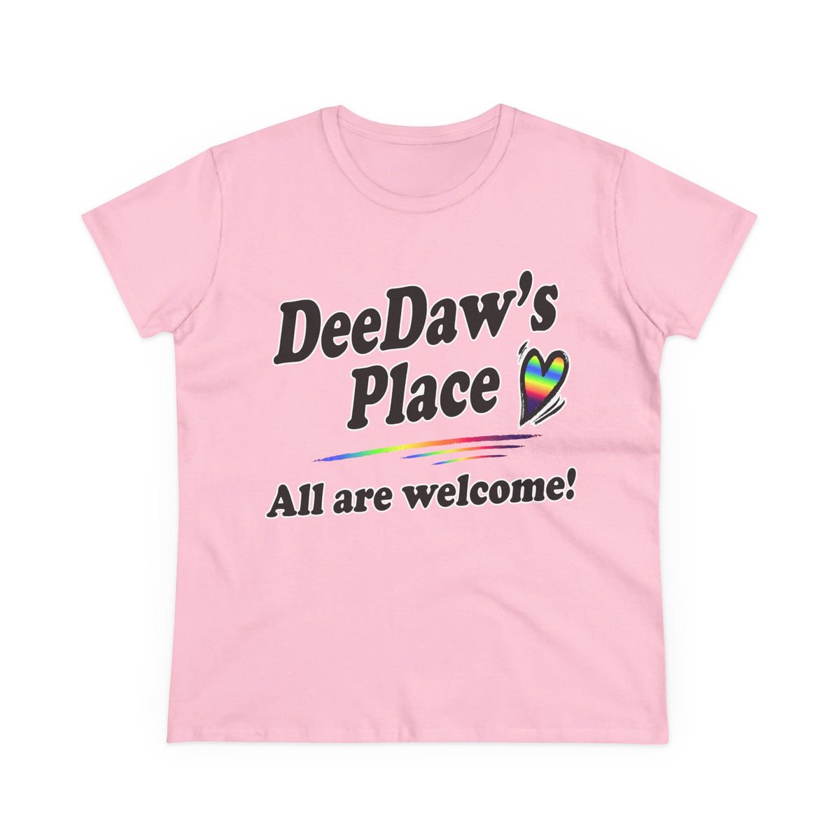 DeeDaw’s Place Rainbow Heart T-Shirt — “All Are Welcome” Inclusive Women’s Tee