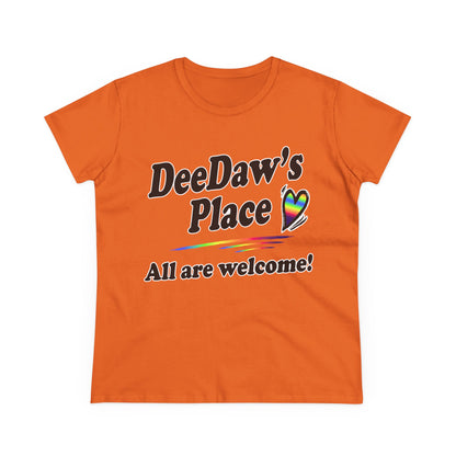 DeeDaw’s Place Rainbow Heart T-Shirt — “All Are Welcome” Inclusive Women’s Tee