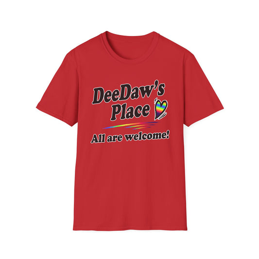 DeeDaw's Place T‑Shirt — Rainbow Heart ‘All Are Welcome’ Pride Tee