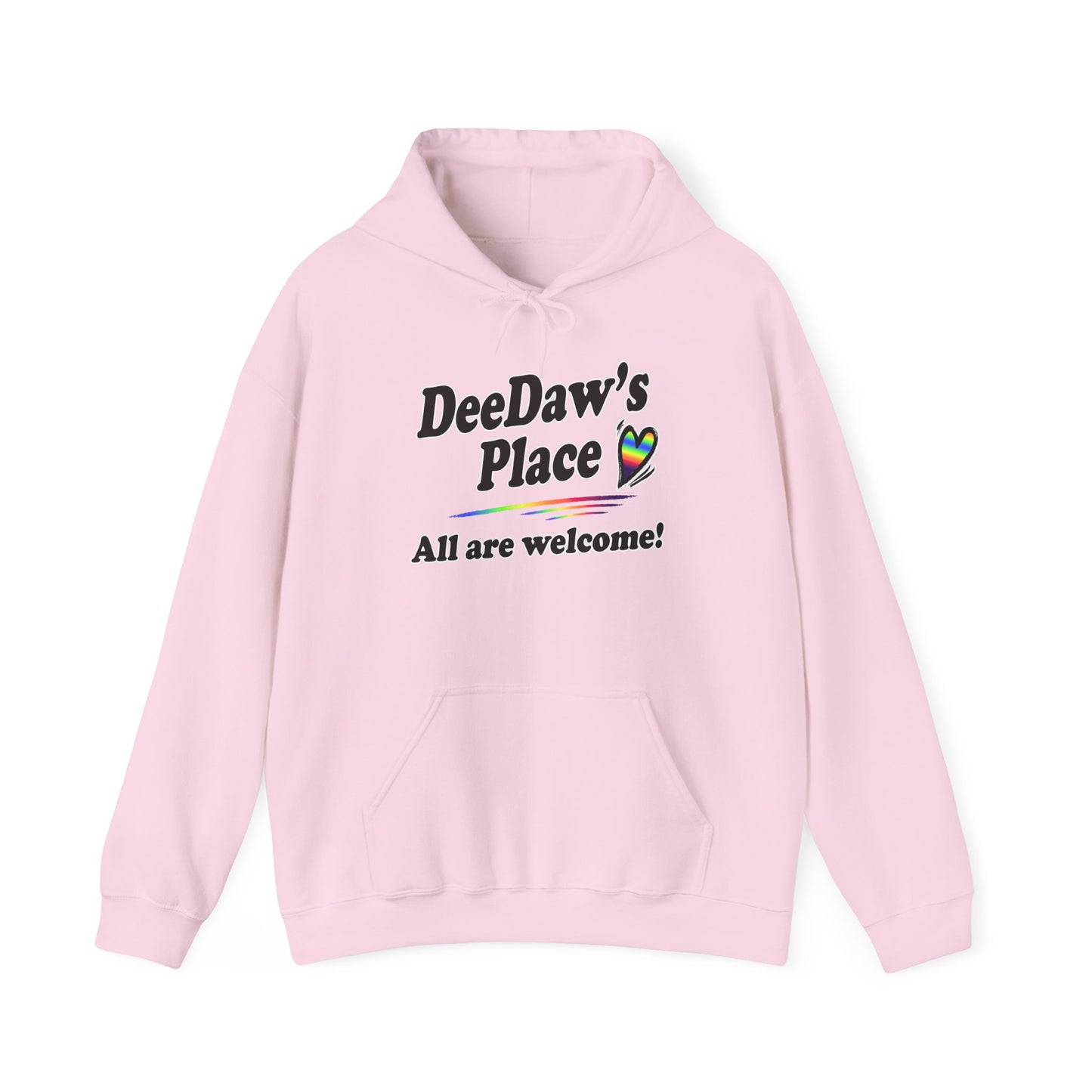 "DeeDaw's Place: All Are Welcome" Rainbow Heart Hoodie