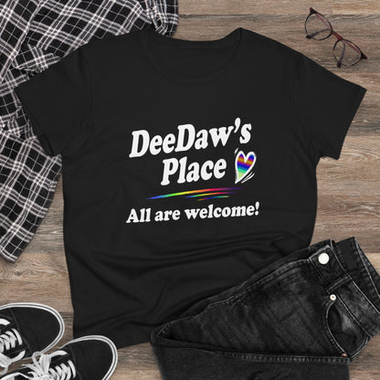 DeeDaw’s Place Rainbow Heart T-Shirt — “All Are Welcome” Inclusive Women’s Tee