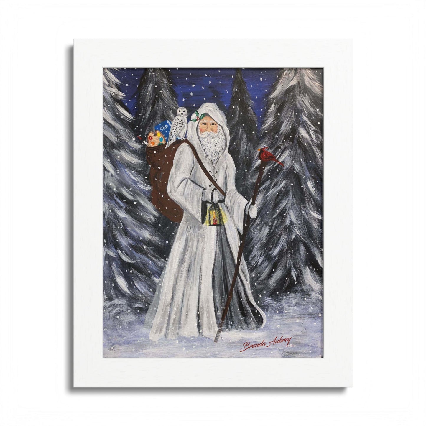 2021 WHITE SANTA WITH CARDINAL (Framed Print)