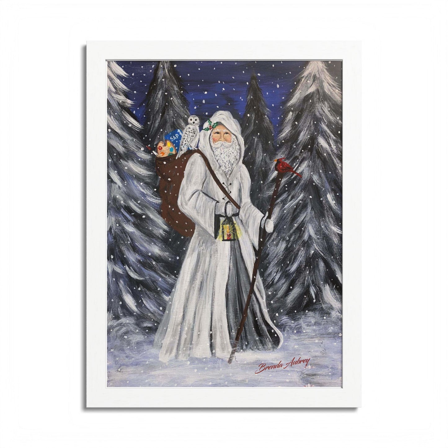2021 WHITE SANTA WITH CARDINAL (Framed Print)