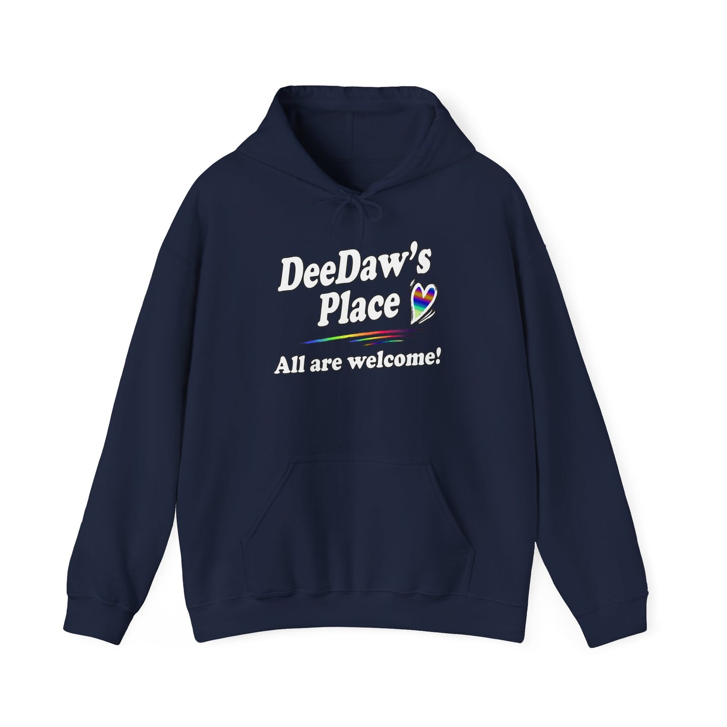 "DeeDaw's Place: All Are Welcome" Rainbow Heart Hoodie