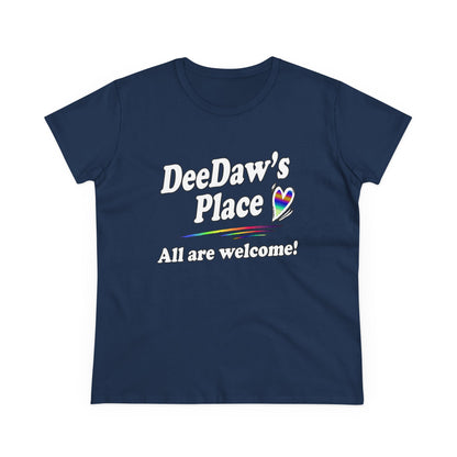 DeeDaw’s Place Rainbow Heart T-Shirt — “All Are Welcome” Inclusive Women’s Tee
