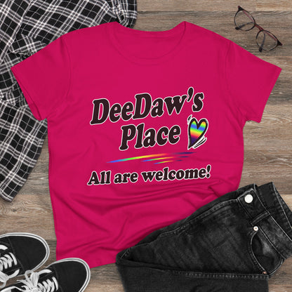 DeeDaw’s Place Rainbow Heart T-Shirt — “All Are Welcome” Inclusive Women’s Tee