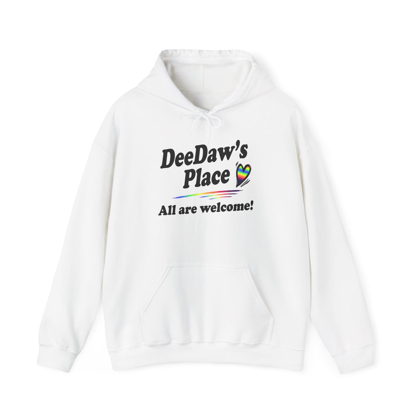 "DeeDaw's Place: All Are Welcome" Rainbow Heart Hoodie