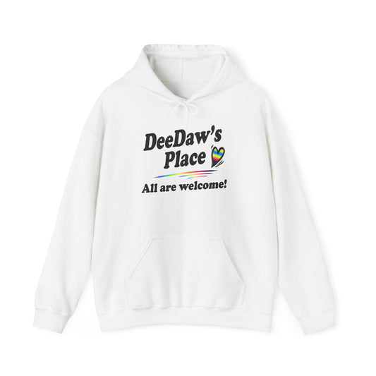 "DeeDaw's Place: All Are Welcome" Rainbow Heart Hoodie