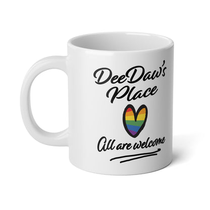 20oz Jumbo Mug — "DeeDaw's Place" Rainbow Heart Coffee Cup, All Are Welcome