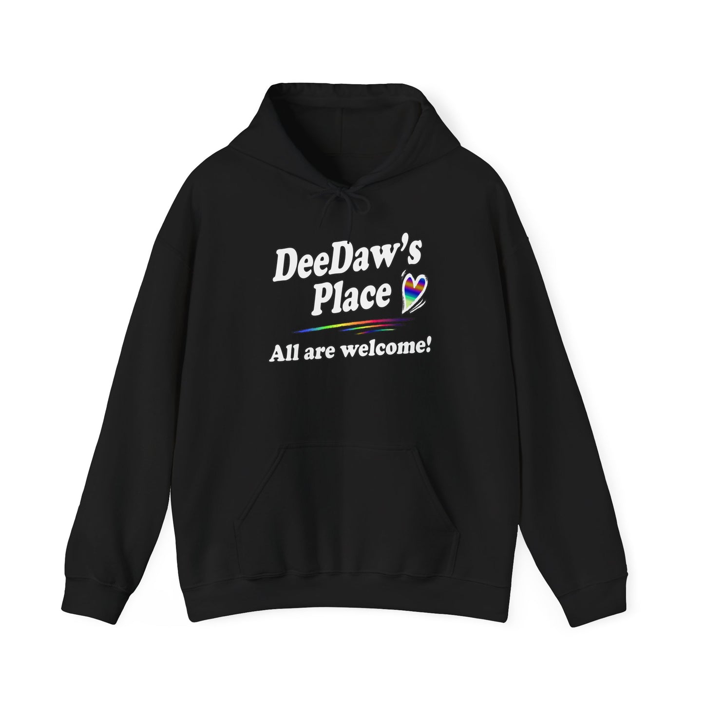 "DeeDaw's Place: All Are Welcome" Rainbow Heart Hoodie