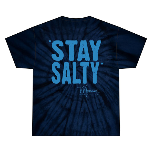 "Stay Salty" Mamaw's Porch N' Politics Navy Tie Dye Graphic Tee, Unisex Cotton Shirt