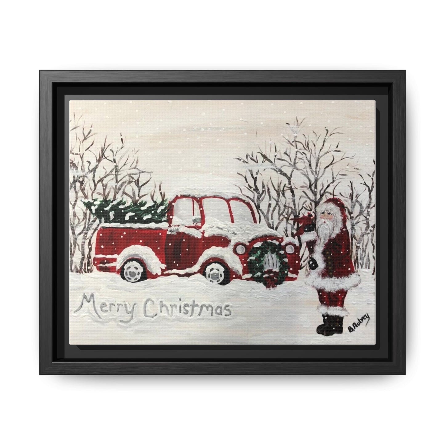 2020 Santa with Vintage Red Truck Framed Canvas