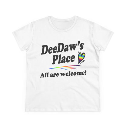 DeeDaw’s Place Rainbow Heart T-Shirt — “All Are Welcome” Inclusive Women’s Tee