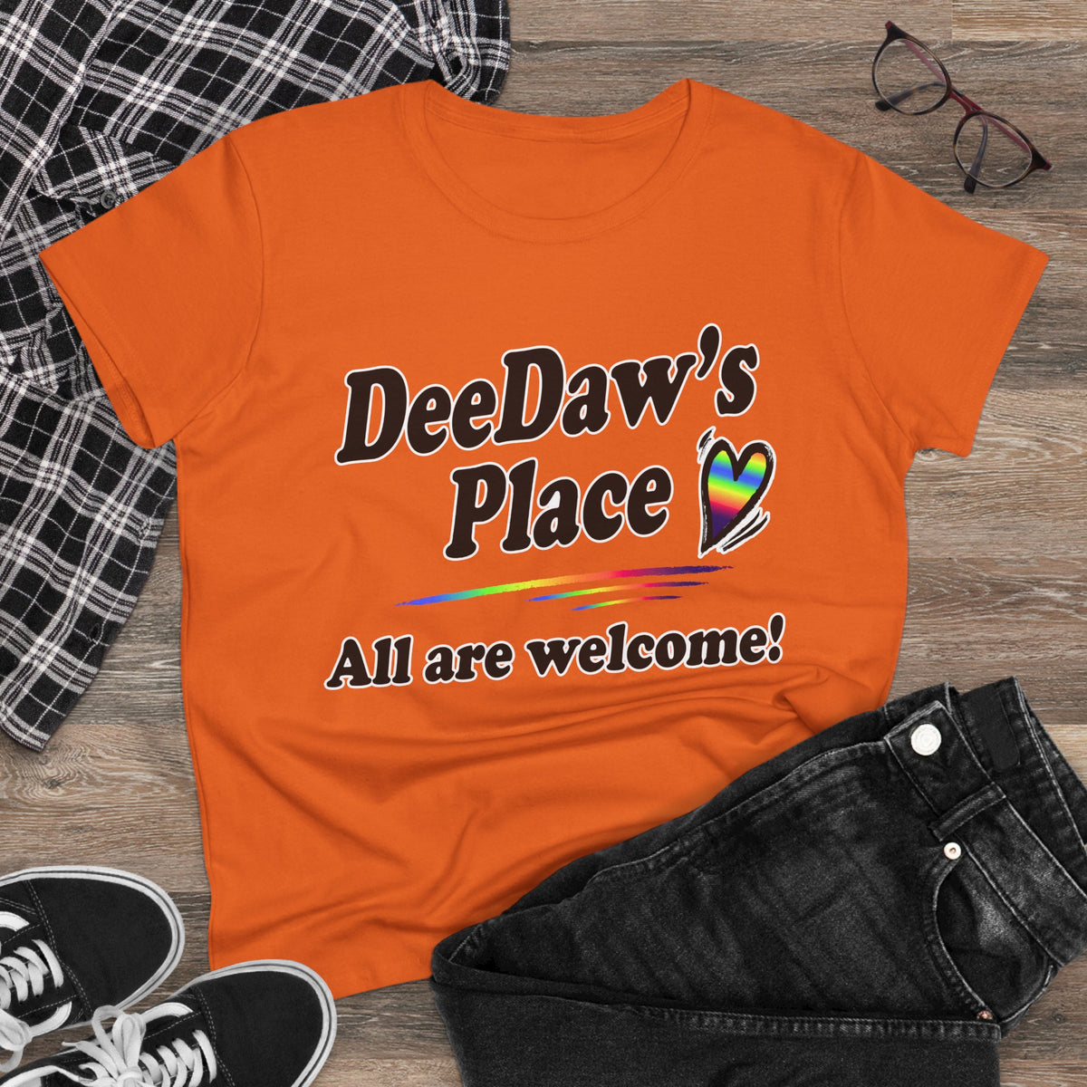 DeeDaw’s Place Rainbow Heart T-Shirt — “All Are Welcome” Inclusive Women’s Tee