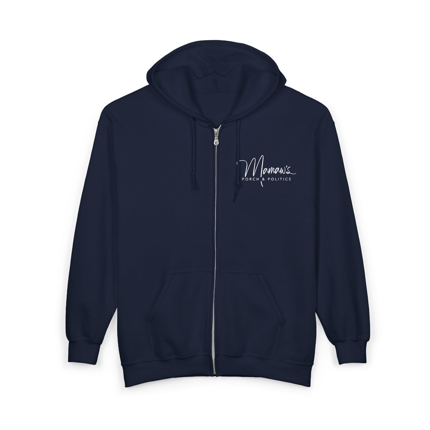 Mamaw's Porch N' Politics pocket logo on front/Stay Salty NOT Silent on back Cozy Unisex Zip-Up Hoodie
