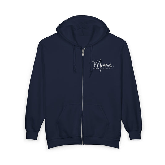 Mamaw's Porch N' Politics pocket logo on front/Stay Salty NOT Silent on back Cozy Unisex Zip-Up Hoodie