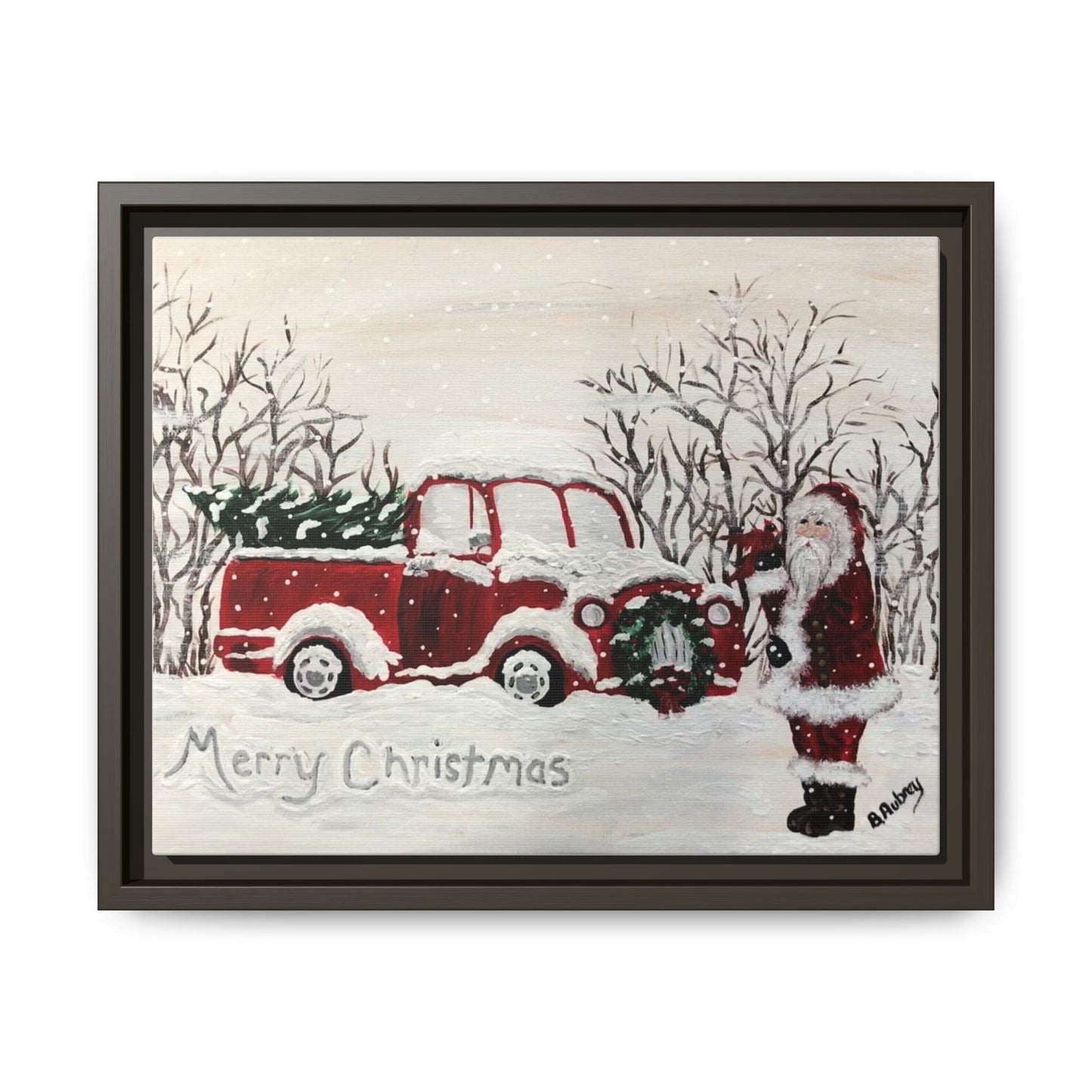 2020 Santa with Vintage Red Truck Framed Canvas