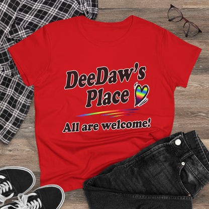 DeeDaw’s Place Rainbow Heart T-Shirt — “All Are Welcome” Inclusive Women’s Tee