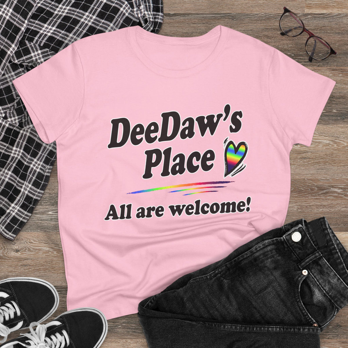 DeeDaw’s Place Rainbow Heart T-Shirt — “All Are Welcome” Inclusive Women’s Tee