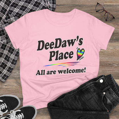 DeeDaw’s Place Rainbow Heart T-Shirt — “All Are Welcome” Inclusive Women’s Tee