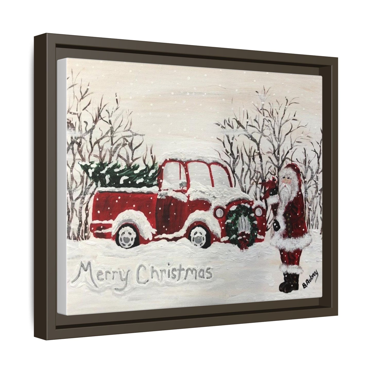 2020 Santa with Vintage Red Truck Framed Canvas