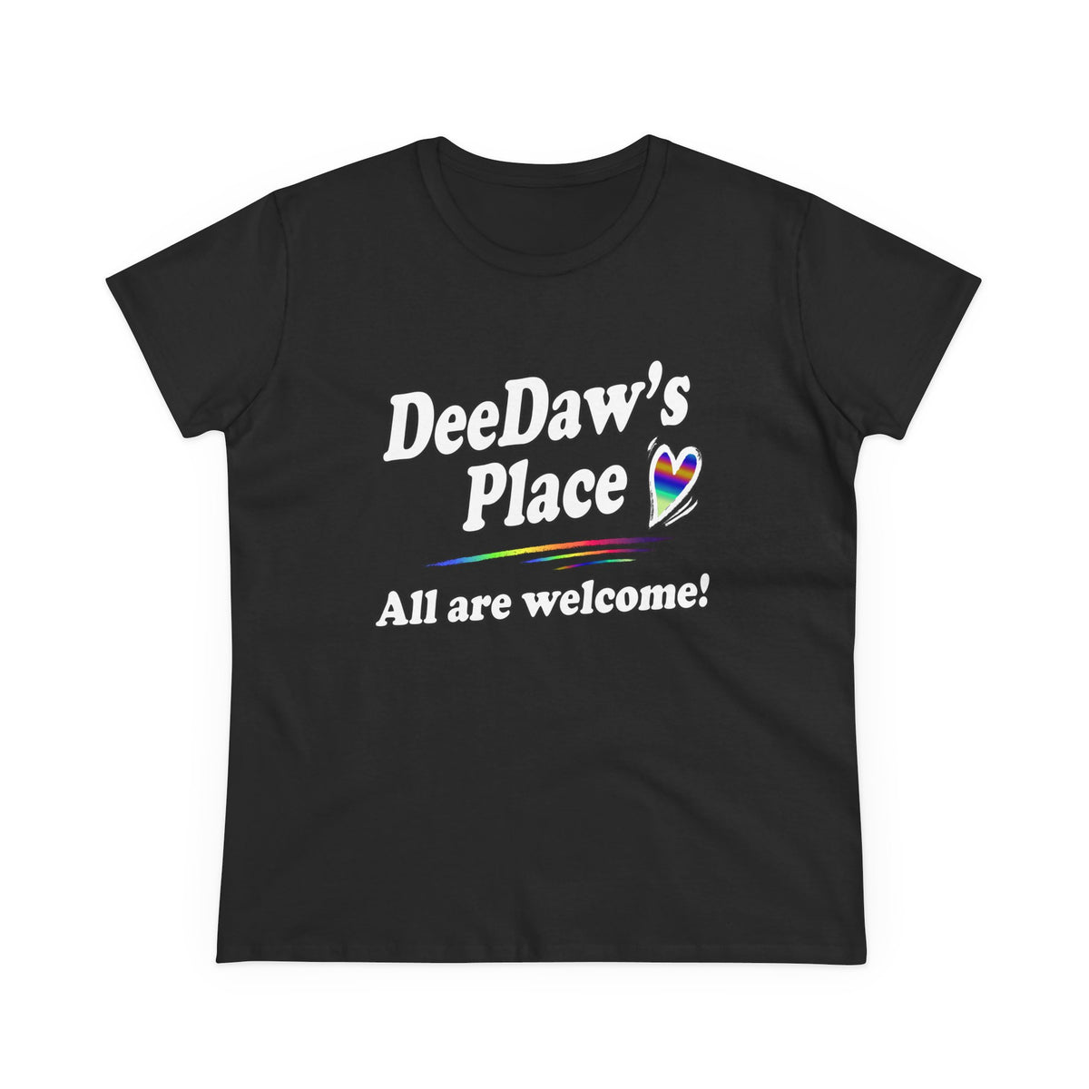 DeeDaw’s Place Rainbow Heart T-Shirt — “All Are Welcome” Inclusive Women’s Tee