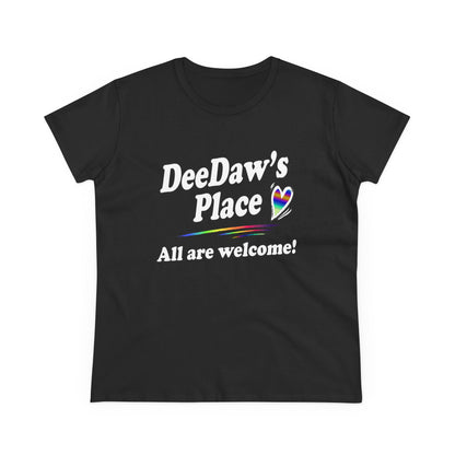 DeeDaw’s Place Rainbow Heart T-Shirt — “All Are Welcome” Inclusive Women’s Tee