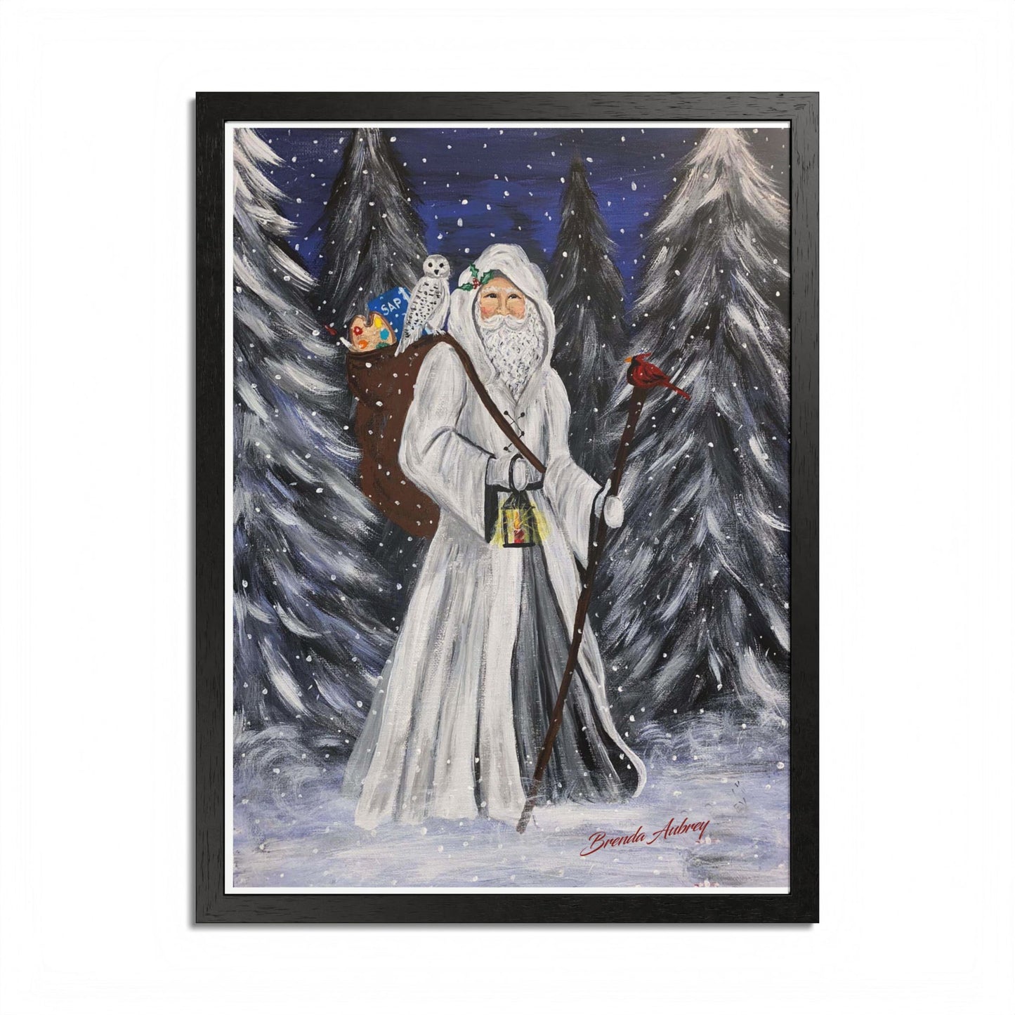 2021 WHITE SANTA WITH CARDINAL (Framed Print)