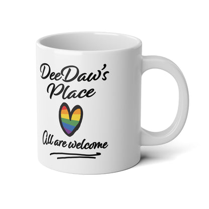 20oz Jumbo Mug — "DeeDaw's Place" Rainbow Heart Coffee Cup, All Are Welcome