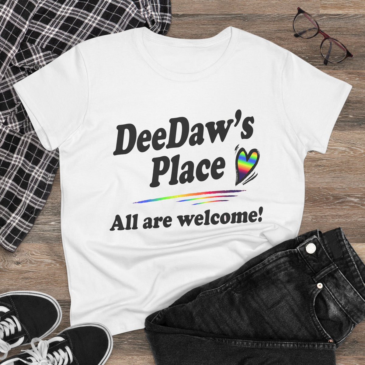 DeeDaw’s Place Rainbow Heart T-Shirt — “All Are Welcome” Inclusive Women’s Tee