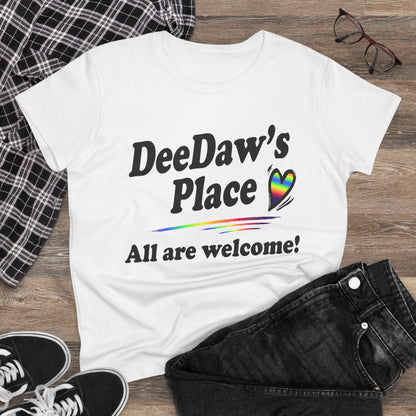 DeeDaw’s Place Rainbow Heart T-Shirt — “All Are Welcome” Inclusive Women’s Tee