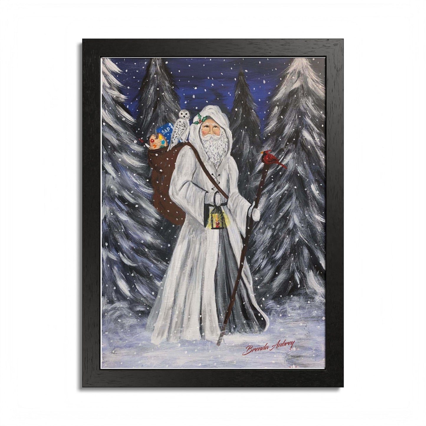 2021 WHITE SANTA WITH CARDINAL (Framed Print)